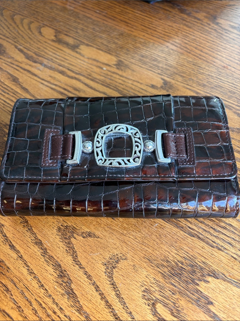 Brighton Brown Croc-Embossed trifold clutch wallet with Silver Buckle